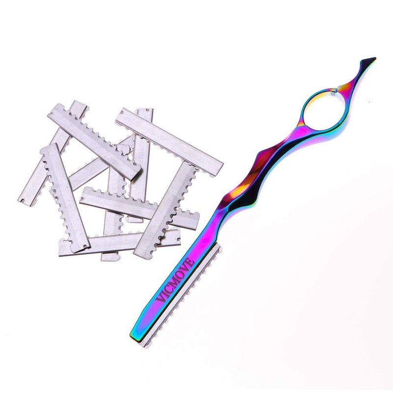 VICMOVE Professional Hair Styling Thinning Texturizing Cutting Feather Razor + 10 Replacement Blades Stainless Steel Rainbow Color - Image 3